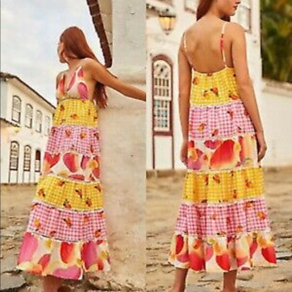 Farm Rio Mixed Picnic Cashew Maxi Women's Mixed Print Tiered Sleeveless - Picture 4 of 4
